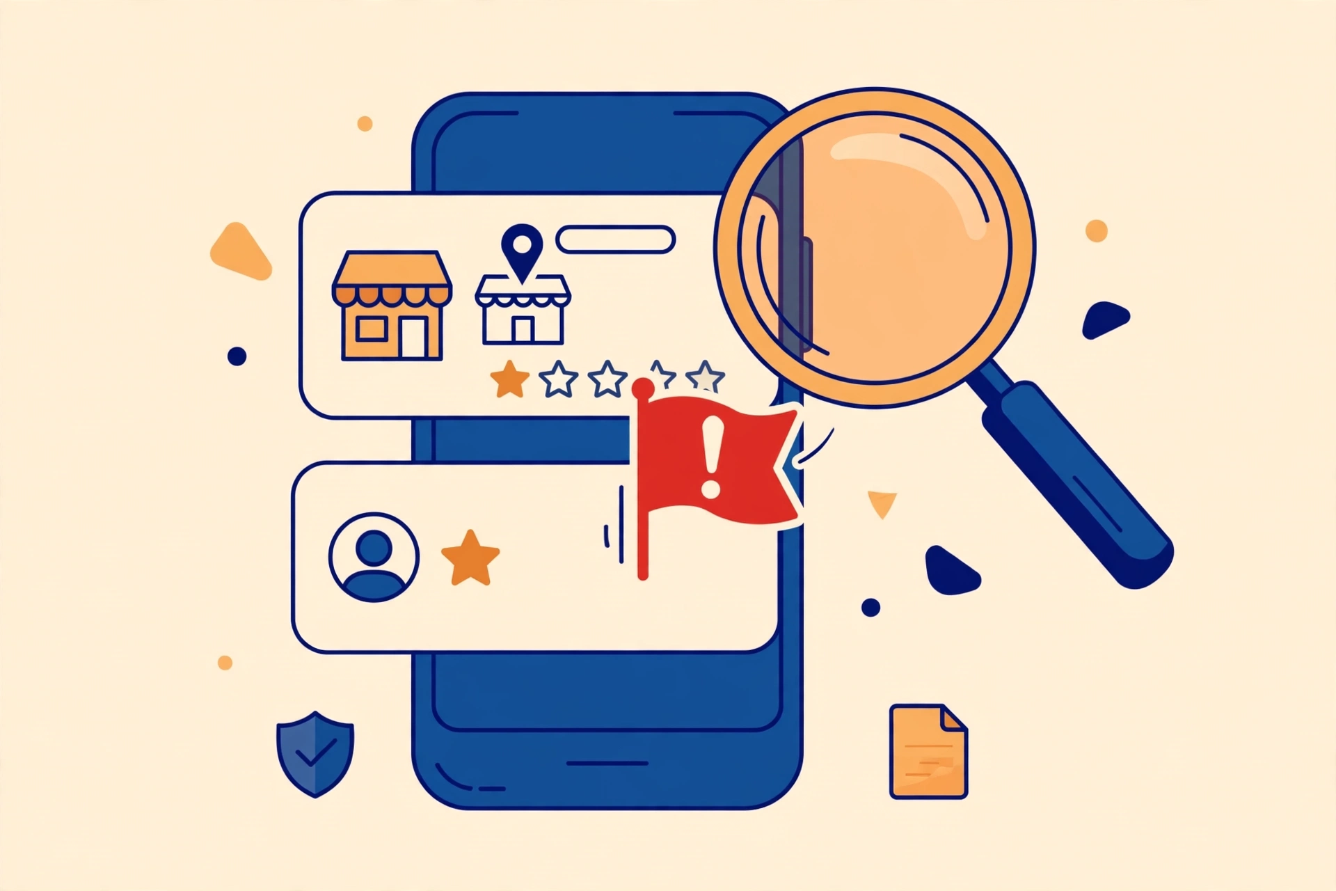 Illustration of a smartphone showing a business listing with a suspicious one-star review being flagged for reporting