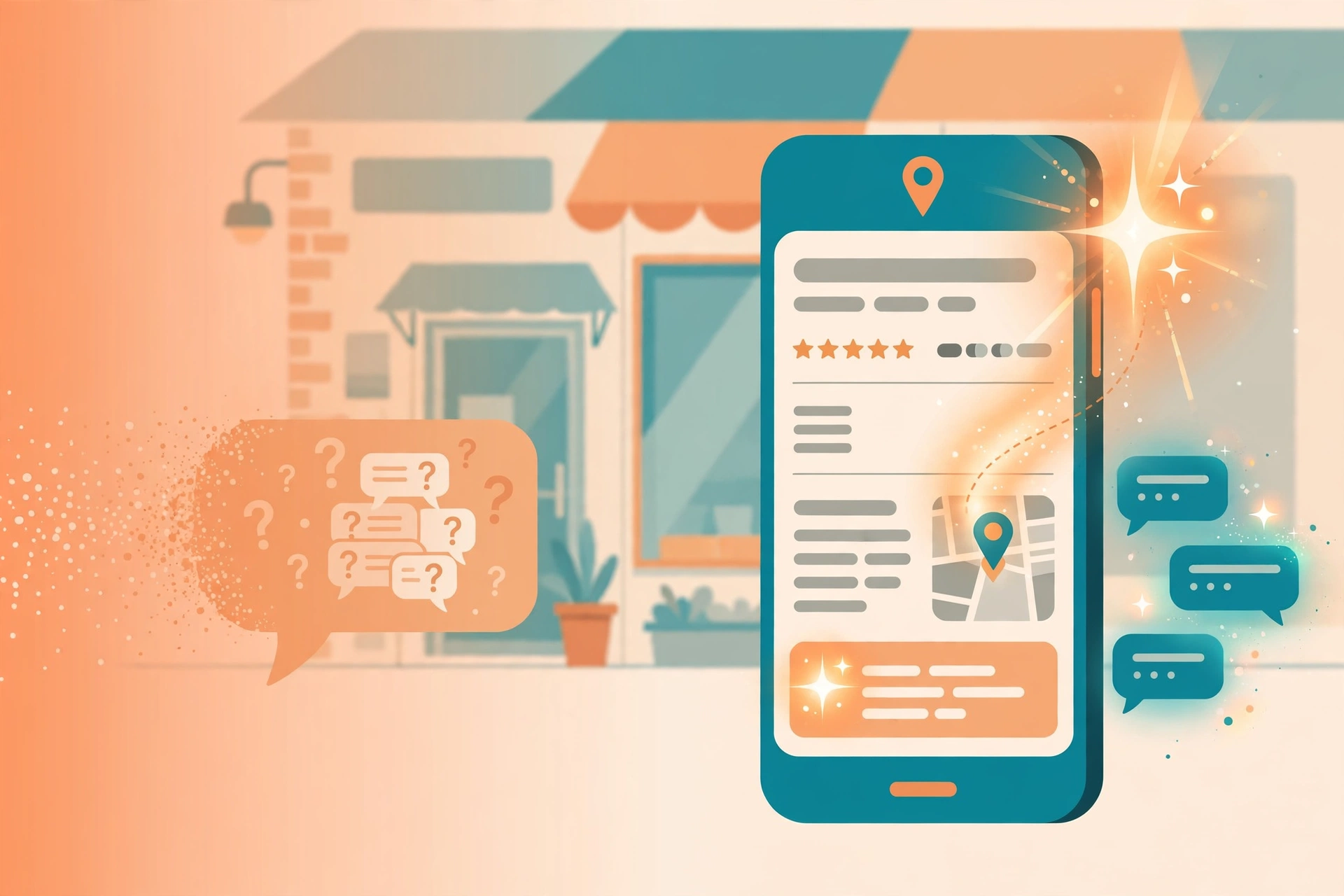 Illustration of a Google Business Profile Q&A section fading away while AI generates answers on a smartphone showing a Maps listing