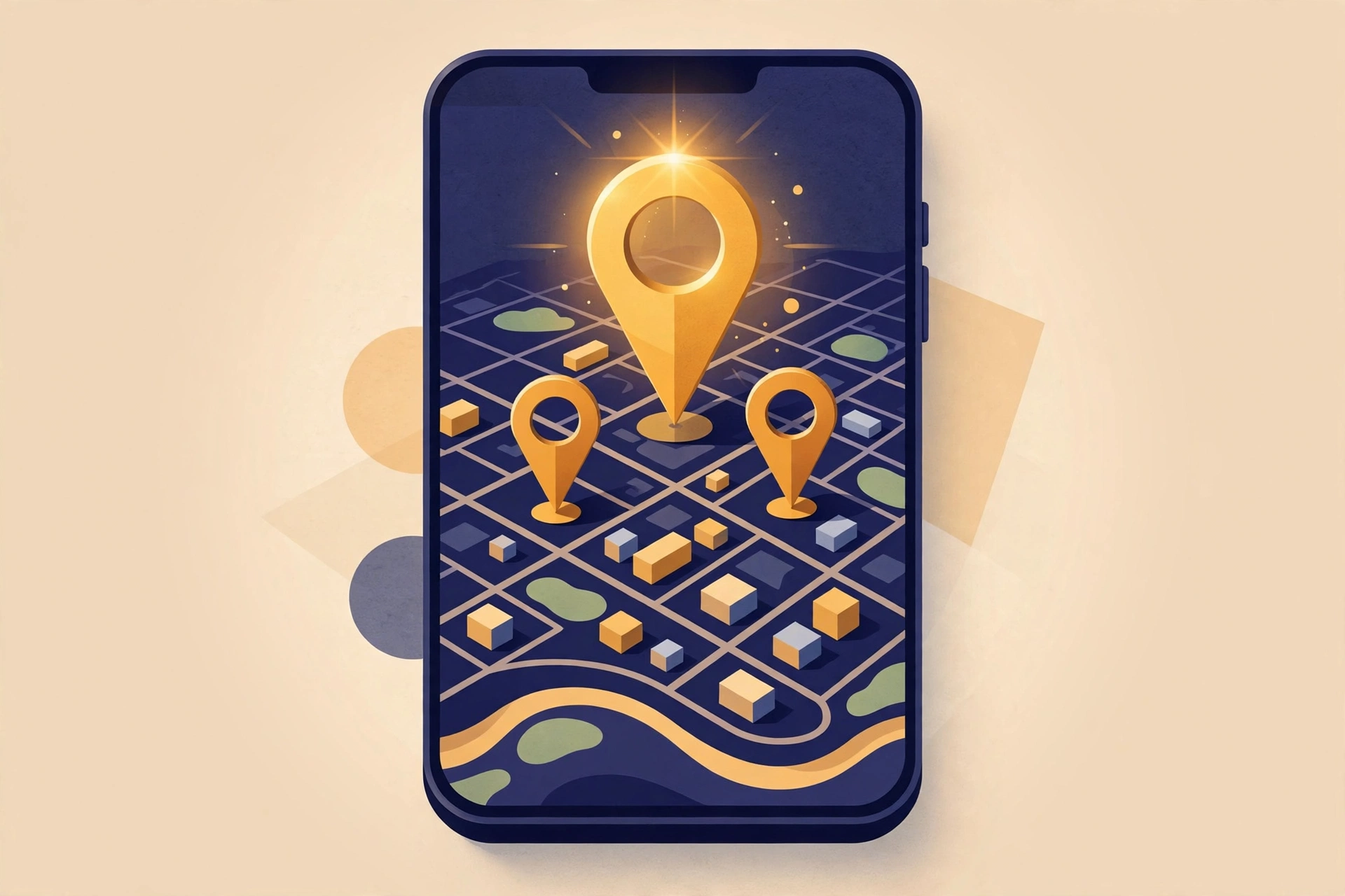 Illustration of a smartphone showing a map with three business pins, one glowing at the top