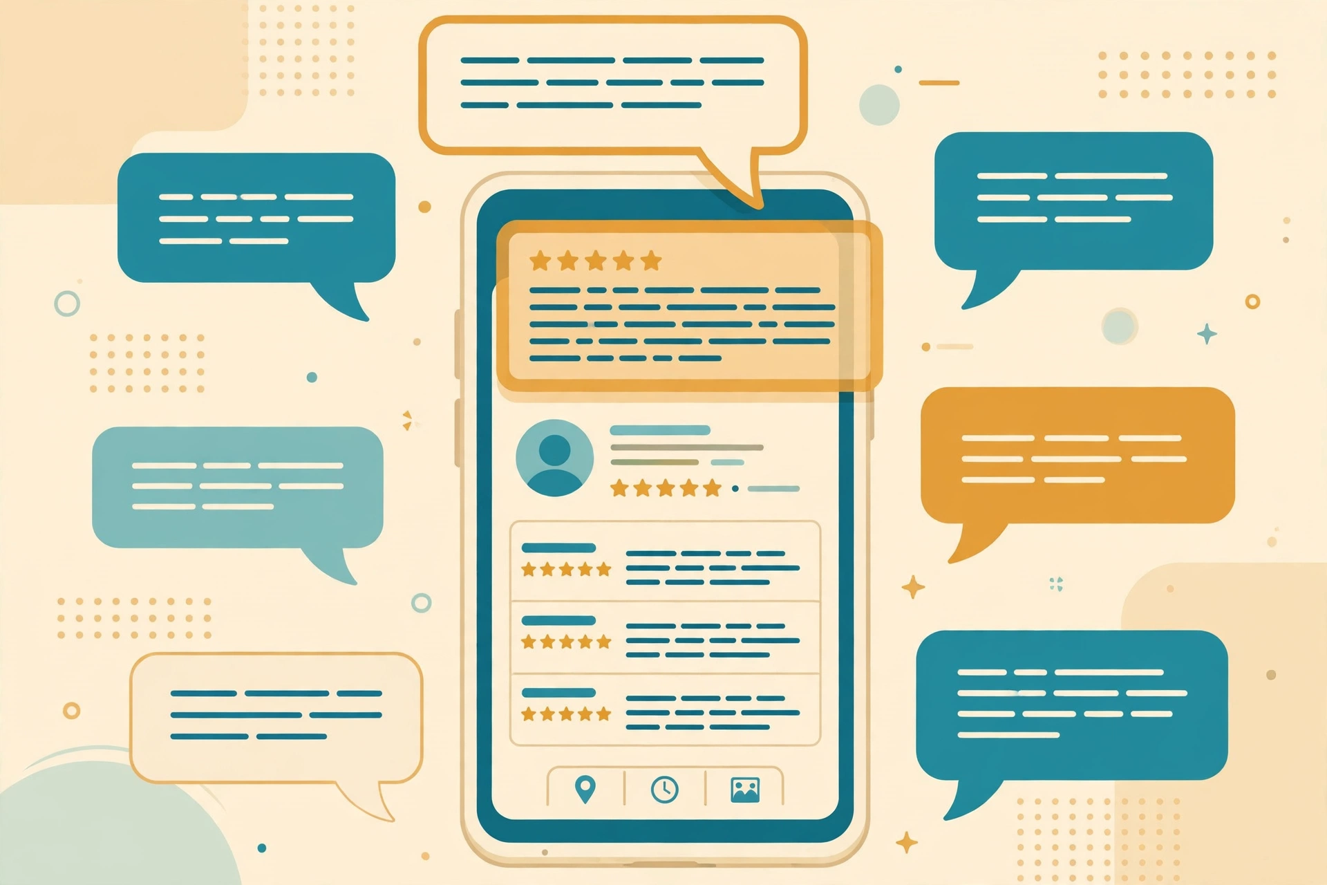Illustration of a smartphone showing a business profile with star ratings and review speech bubbles around it